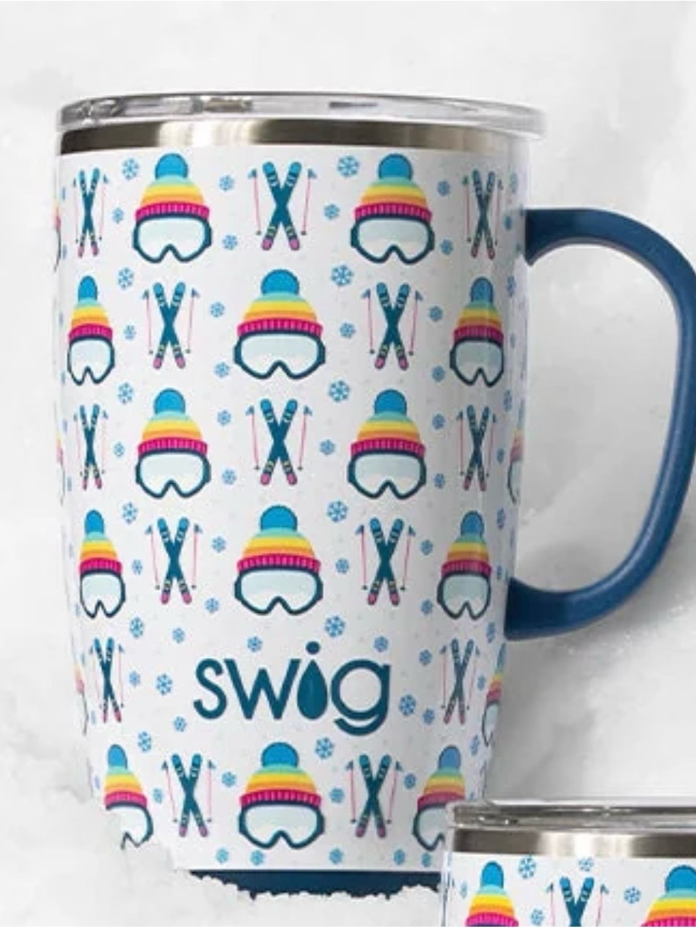 Swig  Ski Pattern Travel Mug - White with Blue Handle 18 oz